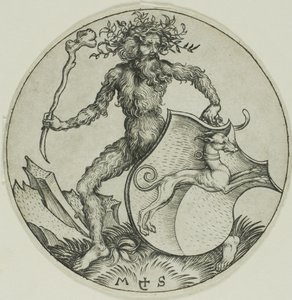 Bouclier avec un lévrier, tenu par un homme sauvage - Martin Schongauer