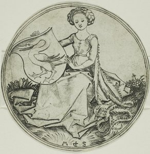 Écu avec un cygne, tenu par une dame assise - Martin Schongauer