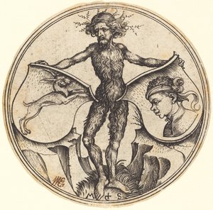 Boucliers avec lapin et tête de Maure, tenus par un homme sauvage - Martin Schongauer