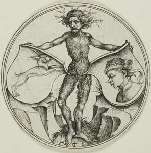 Deux boucliers avec une tête de lièvre et une tête de maure, tenus par un homme sauvage - Martin Schongauer