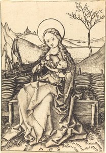 Vierge et enfant sur un banc herbeux
