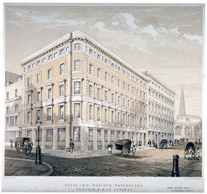 Entrepôts de Messieurs J&R Morley, coin de Milk Street et Gresham Street, Londres, vers 1840