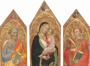 Madone et Enfant avec le Christ bénissant, et les saints Pierre, Jacques le Majeur, Antoine Abbé et un saint diacre [triptyque entier]