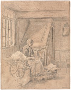 Maison paysanne avec une fille cardant de la laine - Martinus Rørbye