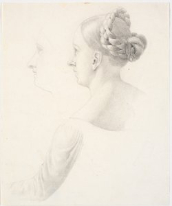 Tête de femme de profil à gauche, épaules et bras gauche