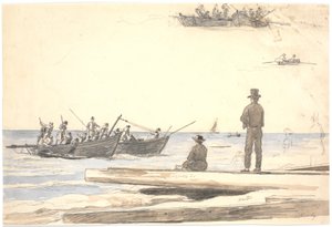 Deux bateaux de pêche naviguant vers la plage de Skagen - Martinus Rørbye