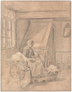 Maison paysanne avec une fille cardant de la laine