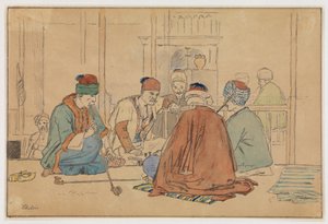 Intérieur de café avec hommes fumant la pipe
