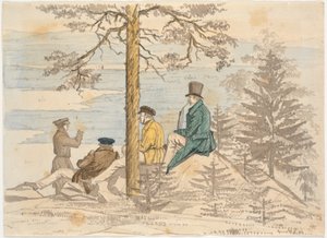 Quatre hommes regardant la vue depuis Holmekollen