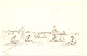 Pêcheurs réparant des filets sur la plage, Skagen