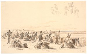 Travailleurs des champs. En arrière-plan, moulins et mer - Martinus Rørbye