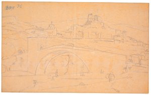 Paysage italien avec un pont sur une rivière et la ville de Subiaco en arrière-plan - Martinus Rørbye