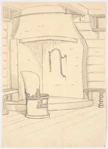 Cheminée et chaise en bois rond avec dossier - Martinus Rørbye