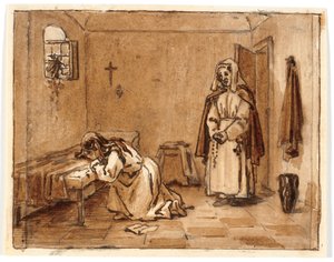 Étude de composition avec une femme pleurant à genoux, une lettre sur le sol, derrière elle une nonne