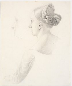 Tête de femme de profil à gauche, épaules et bras gauche