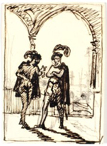 Scène médiévale avec deux hommes en cape et bérets à plumes