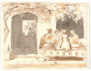 Orientaux jouant aux échecs devant un café turc et un salon de coiffure - Martinus Rørbye