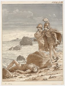 Deux guerriers trouvent un homme échoué sur la plage
