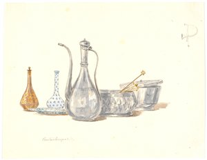 Ustensiles turcs, une cruche et deux flacons