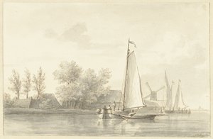 Paysage fluvial avec voilier et canot