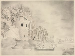 La tour solitaire (château sur une rivière avec des saules et un bateau)
