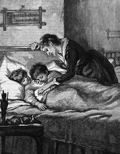 Une mère vérifiant ses enfants endormis