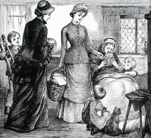 Une femme offrant des cadeaux à un pauvre paysan. Par Mary Ellen Edwards (1838-1934) une artiste anglaise