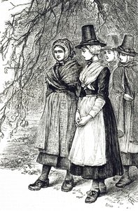 Gravure représentant des filles galloises à une foire de Hollantide, une foire de recrutement, attendant d