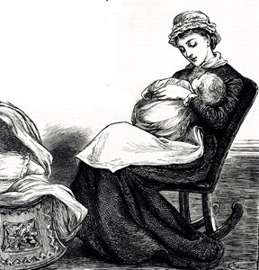 Gravure représentant une mère berçant son bébé. Illustré par Mary Ellen Edwards (1838-1934) une artiste anglaise et illustratrice prolifique de livres pour enfants - Mary Ellen Edwards