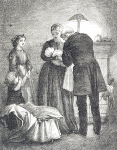 Gravure représentant un médecin examinant un bébé atteint de la rougeole