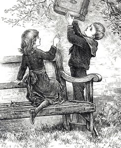 Gravure représentant des enfants avec leur moineau en cage - Mary Ellen Edwards