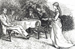 Illustration représentant une famille prenant le petit déjeuner dans le jardin
