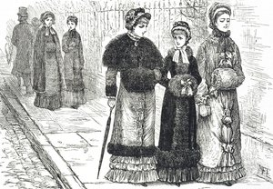 Illustration représentant des jeunes femmes avec des manchons, pour garder leurs mains au chaud par temps froid
