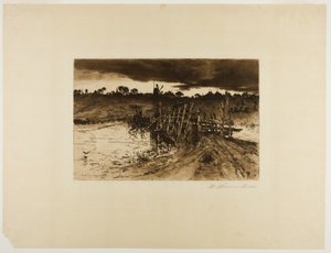 Paysage avec moulin et pont en bois