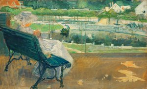 Lydia assise sur un porche, crochetant, c.1881