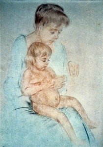 Femme tenant un petit enfant nu sur ses genoux tout en lui manucurant les ongles, c.1904 (pastel de Mary Cassatt) - Mary Stevenson Cassatt