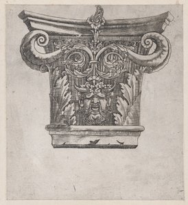Speculum Romanae Magnificentiae: Chapiteau avec volutes de gousse de pois et tête de satyre, vers 1537