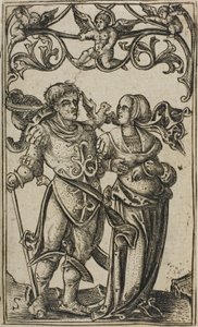 Dame et gentilhomme marchant vers la droite