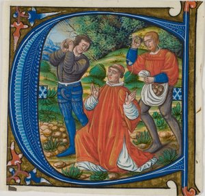 La lapidation de Saint Étienne dans une initiale historiée "A" ou "C" d