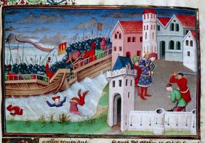 Scène de bataille et décapitation. Illustration du roman Le Décaméron de Giovanni Boccaccio - Master of Jean Mansel
