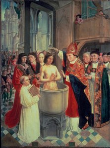 Le baptême de Clovis I, à Reims par Saint Remi le 25/12/496 (ou 499), c. 1490-1510 - Master of Saint Giles