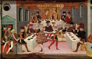 Décaméron de Boccace : banquet organisé par Pericone pour accueillir Alatiel - Master of the Cassoni