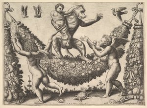Un singe tenant un putto lié debout sur une guirlande devant laquelle se trouvent deux ailes..., 1530-60