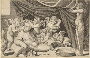Speculum Romanae Magnificentiae : Bacchus entouré de putti avec Priape tenant..., XVIe siècle