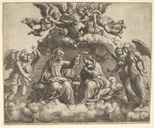Le couronnement de la Vierge, le Christ tenant la couronne au-dessus de sa tête, Dieu le Père bénissant - Master of the Die