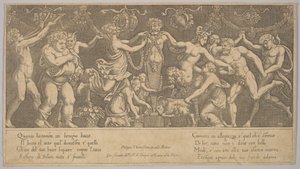 Le sacrifice à Priape sous forme de statue au centre, Bacchus et un sa..., 1530-60