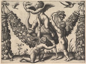 Trois putti devant une grande guirlande, celui du milieu monte une autruche, ca. 1530-40 - Master of the Die