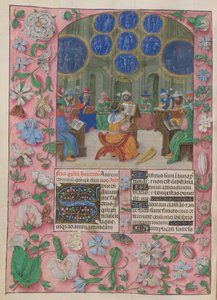 David et les chanteurs du Temple. Le Psautier. David et les chanteurs du Temple. Les chanteurs portent des fleurs allégoriques, sous des visions de la Passion, des souffrances des martyrs et de la destruction de Jérusalem. La harpe de David est à côté de l