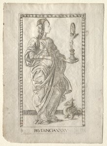 Prudence du Tarocchi, série B : Principes cosmiques et vertus, #35, avant 1467 - Master of the E Series Tarocchi