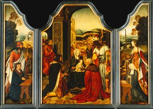 Triptyque : Adoration des Mages, avec Saint Jacques présentant le donateur et Sainte Catherine d